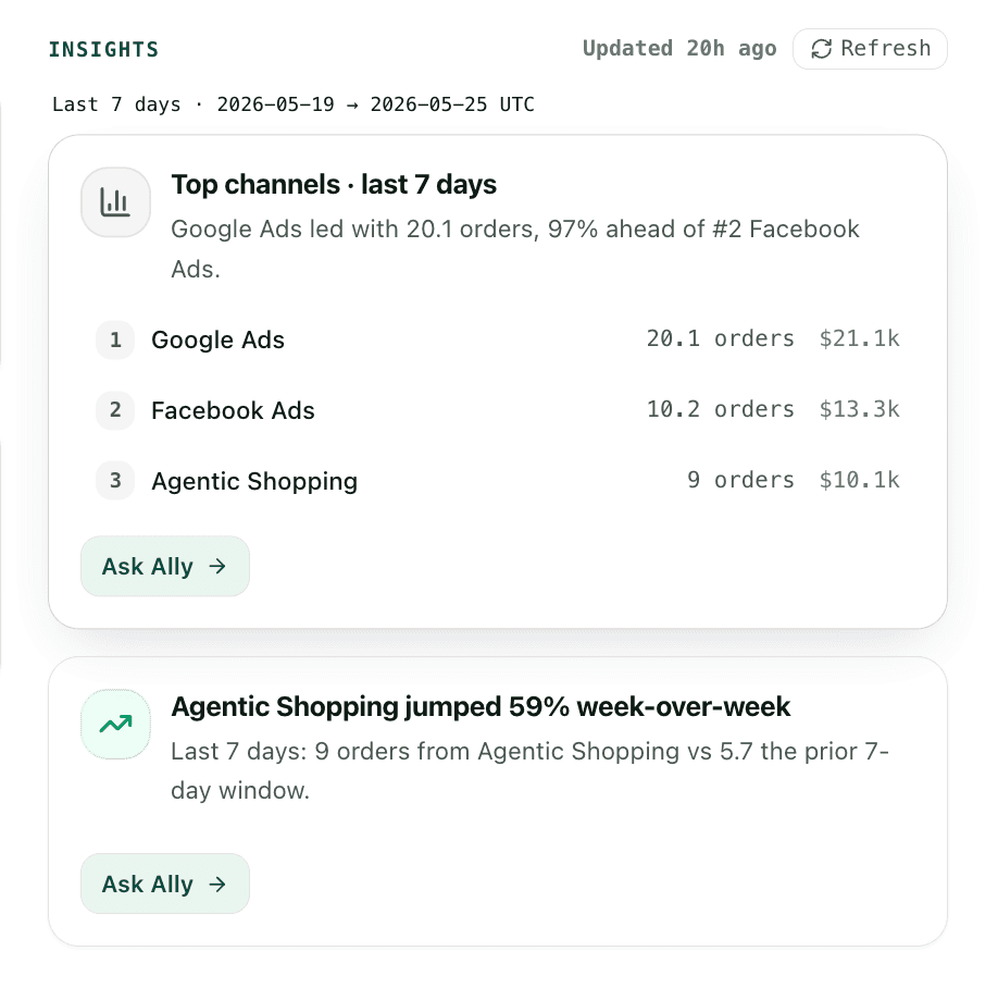 Ally INSIGHTS panel: Top channels (Google / Facebook / Agentic Shopping) and the Agentic Shopping 59% WoW mover