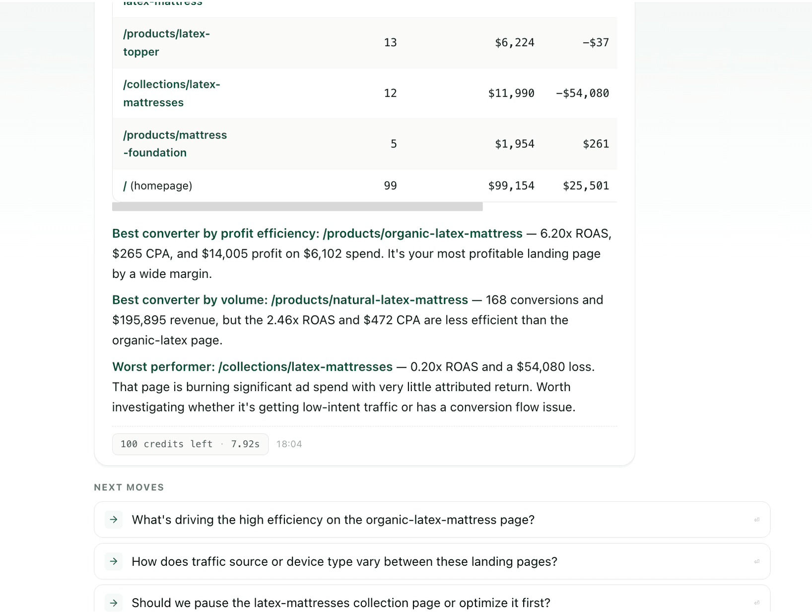 Ally landing-page-analysis skill output — landing pages ranked by profit efficiency, with best converter and worst performer called out