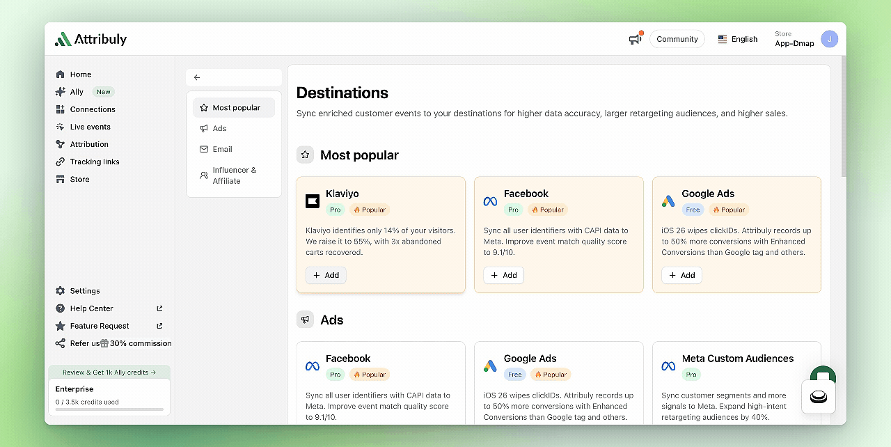 Klaviyo destination setup